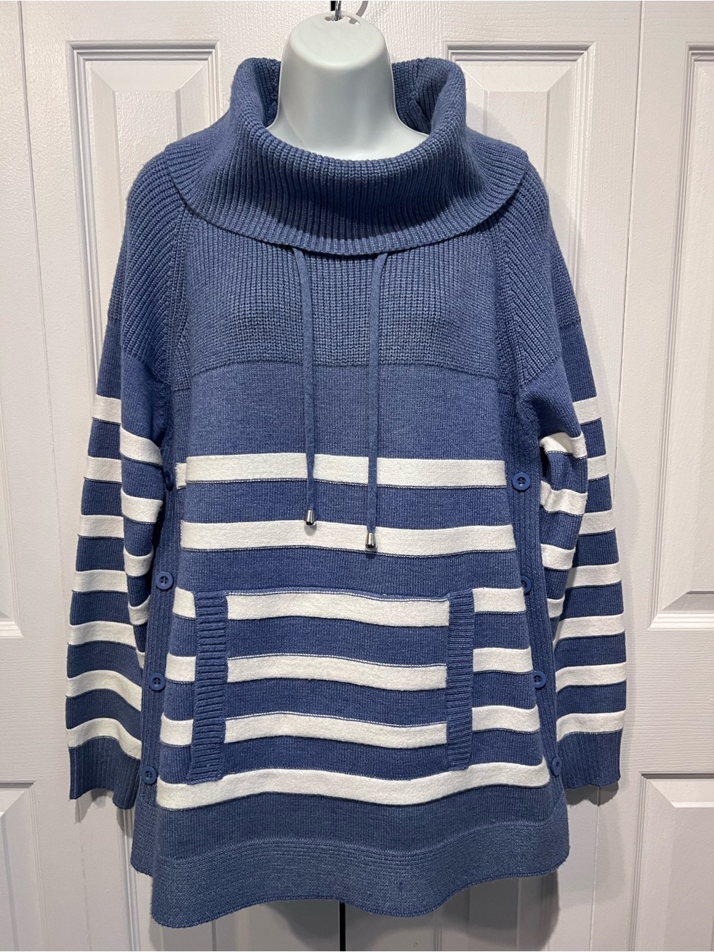 Jac Dale Blue/White Striped Cowl Neck Tunic Style Sweater Size XL